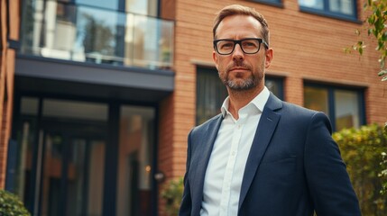 Fototapeta premium Confident business man in glasses and suit using tablet outdoors with modern office building in background. Concept of professional success, technology, and business lifestyle.