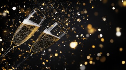 Golden Confetti Raining on Champagne Flutes, Celebration, Party, New Year's Eve