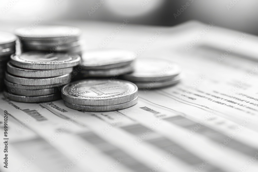 Poster close-up of coins and financial documents, representing an array of options for corporate budgeting 