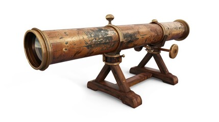 Obraz premium Antique brass telescope on wooden stand isolated on white background.