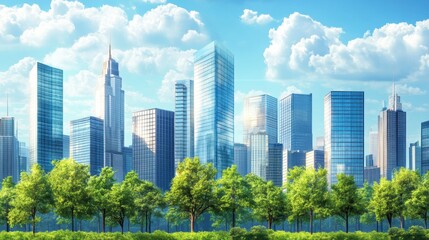 urban business district skyline with tall glass office buildings and green trees, showcasing the concept of modern enterprises