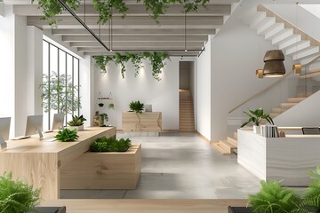 Modern office environment featuring wooden desks, light gray walls, and white ceilings. Green plants on desks and a staircase to the second floor enhance the design.