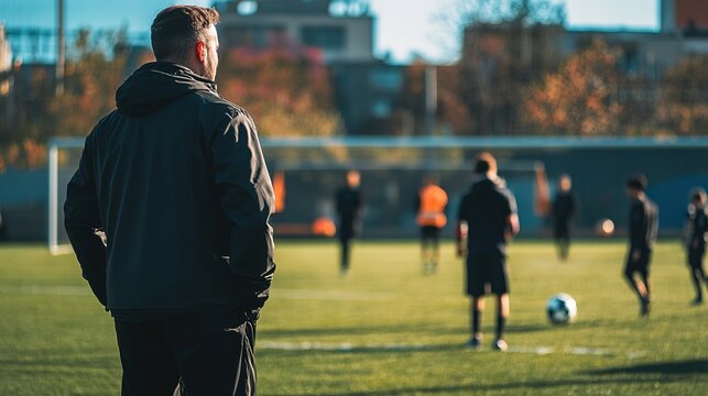 A coach demonstrating a tactical play on the field during a live session at a football tactics workshop
