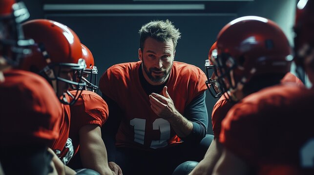 A coach giving a pep talk to an amateur football team in the locker room before the game
