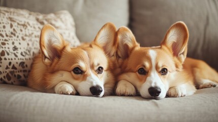 Two Adorable Corgi Puppies Relaxing on a Sofa