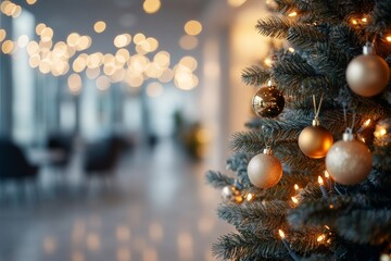 Decorated Christmas tree with balls and garlands of lights in bright business office creates festive atmosphere on eve of new year, blurred background with bokeh and copy space.