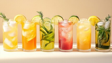   A row of tall glasses brimming with unique beverages and adorned with a fragrant sprig of rosemary