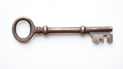 An antique metal key on a plain white background, showcasing its intricate design and aged patina.