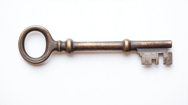 An antique metal key on a plain white background, showcasing its intricate design and aged patina.