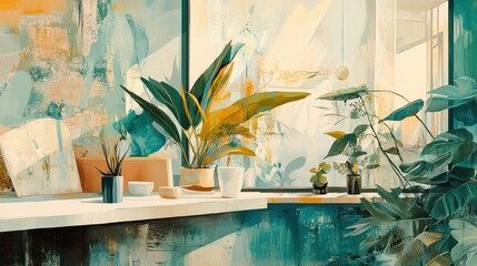 Abstract Painting of Plants and a Window with Sunlight Streaming Through