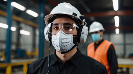employee gentleman worker industry factory engineer wears helmet mask headphone in warehouse tone white