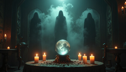 A chilling séance room with a mystical crystal ball, flickering candles, and ghostly apparitions rising from a dark, swirling mist in the center of the table.