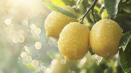   A close-up of two lemons hanging from a tree, with droplets of water on both the fruit and leaves