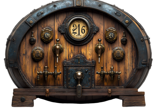 a wooden barrel with taps and a number on it. - Powered by Adobe