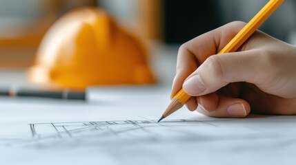 A person holding a pencil and drawing on paper with construction plans, AI
