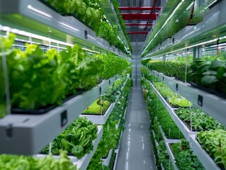 Indoor hydroponic farm with rows of green leafy vegetables.