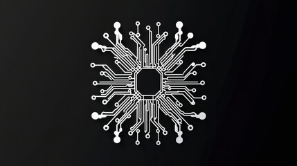 A white circuit board design forms a complex, symmetrical pattern on a black background, resembling a snowflake or intricate technological diagram.