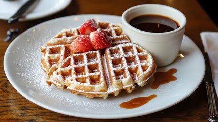 Powdered Sugar Waffle with Strawberries and Caramel Sauce, Breakfast, Dessert, Food Photography