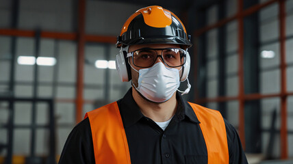 gentleman worker employee industry factory engineer wears helmet mask headphone in warehouse tone orange