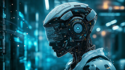 Fototapeta premium A futuristic humanoid representing digital artificial intelligence, symbolizing technological innovation and advancements in business. 