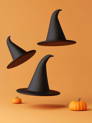 Fototapeta premium Three floating witch hats with pumpkins on an orange background, perfect for Halloween-themed designs and decorations.