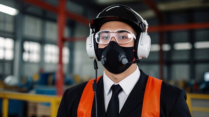 worker gentleman employee industry factory engineer wears helmet mask headphone in warehouse tone red