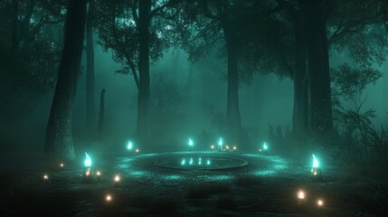 Mysterious forest clearing lit by ethereal lights and surrounded by dense trees at twilight
