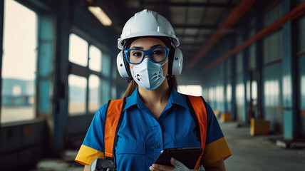 lady engineer hardhat blue industry factory worker woman wears helmet mask glasses headphone
