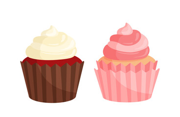 Baker elements set. Chocolate and pink cakes. Pastry and bakery products. Dessert and delicacy. Graphic element for website. Flat vector collection isolated on white background