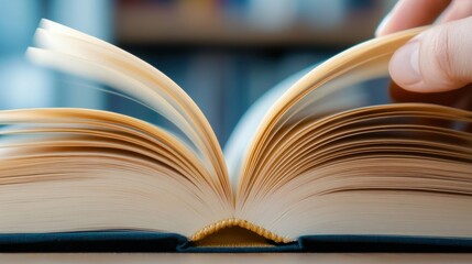 Fototapeta premium A person is holding a book open with their finger, AI