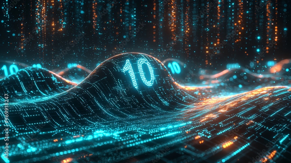 Poster futuristic 3d wave with digital numbers and holographic elements for tech design and innovation