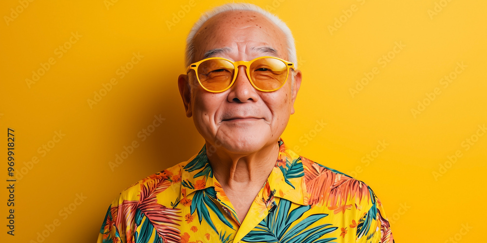 Wall mural an elderly asian man wearing a colorful hawaiian outfit and yellow-tinted glasses