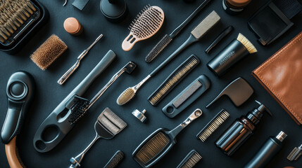 Fototapeta premium Focus on menâ€™s grooming routines and products, such as beard care, shaving, or hair styling. Highlight the specific tools and techniques used for menâ€™s personal care.