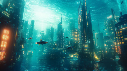 Futuristic underwater cityscape illuminated by vibrant lights with fish swimming among towering skyscrapers.