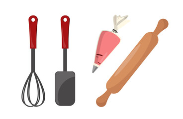 Baker elements set. Kitchen utensils. Mixer, spatula and rolling pin. Preparation of bakery and pastry food. Poster or banner. Flat vector collection isolated on white background