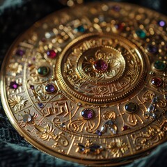 Obraz premium Close-up view of an ornate golden pendant with colorful gemstones, showcasing intricate detailing and craftsmanship.