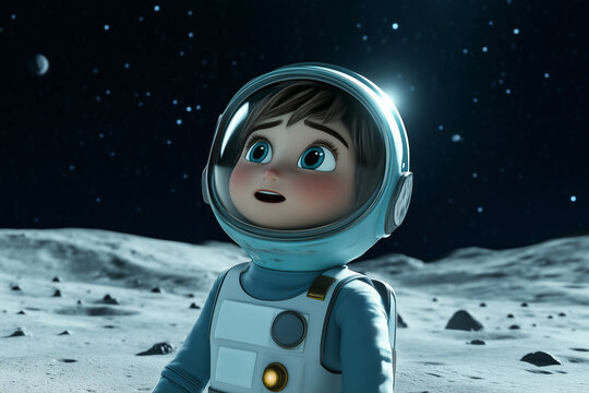 Young astronaut explores moon surface in 3D cartoon style