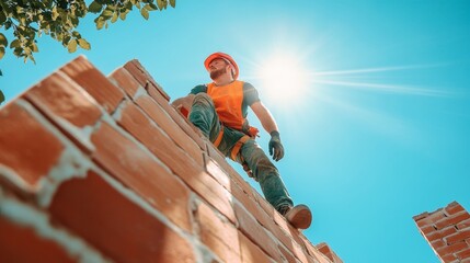 Skilled masonry work  a builder laying bricks under a clear blue sky at a construction site