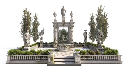 Obraz premium Ornate stone fountain with statues, trees, and an archway.