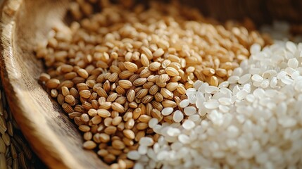 Obraz premium A wooden bowl brims with white rice beside a heap of brown and white on a tabletop