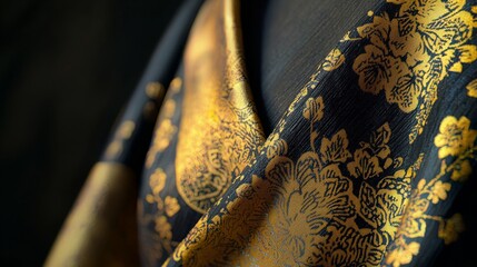 Traditional Kebaya made from holographic fabric, colors shifting from yellow to black , adorned with gold songket motifs, draped elegantly over mannequin.