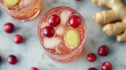Top-Down View of Cranberry and Ginger Soda, Cranberry, Ginger, Sparkling Drink