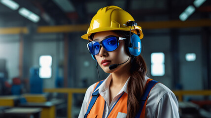 engineer hardhat lady yellow industry factory worker woman wears helmet mask glasses headphone