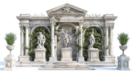 Fototapeta premium Ancient marble structure with three statues and plants on white background.