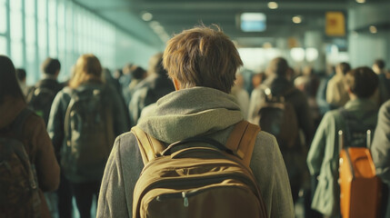 a long line of people waiting at an airport, a crowd of travelers standing in a line that stretches into the distance