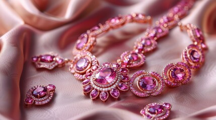 Elegant pink jewelry set featuring a stunning necklace and matching earrings, beautifully arranged on silky fabric.