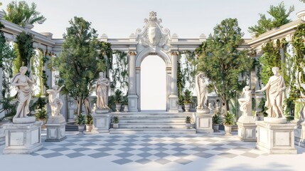 Fototapeta premium A beautiful, ornate white archway framed by green foliage and classical statues, leading to a checkered tile floor and a white background.