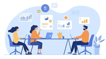 Three people working together at a desk, analyzing data on their laptops and a whiteboard.