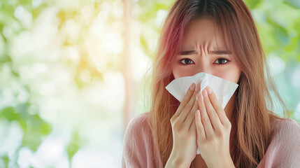 Asian woman sneezing and holding a tissue, suffering from allergic rhinitis