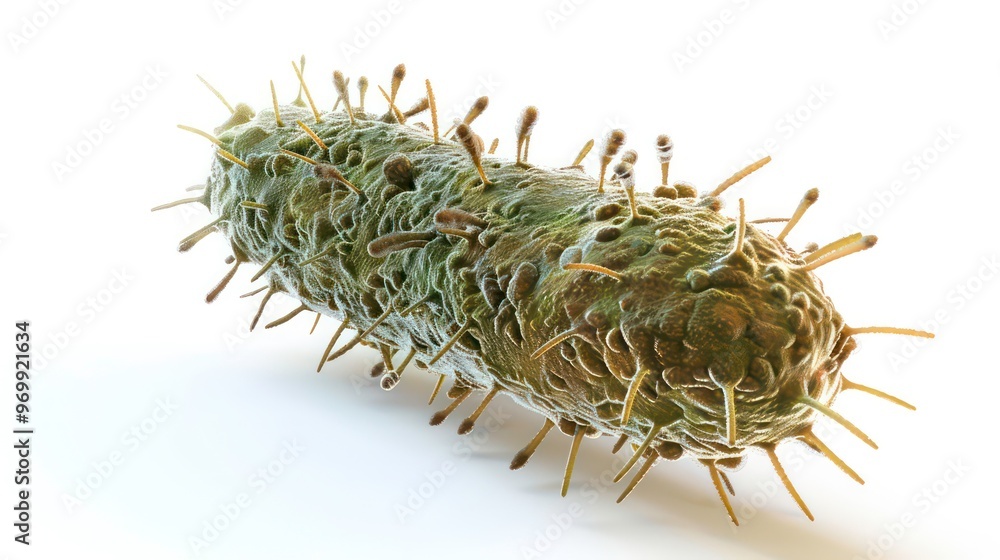 Poster a 3d rendering of a green bacterium with spikes, isolated against a white background.